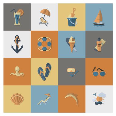 Yaz ve plaj basit düz simgeler