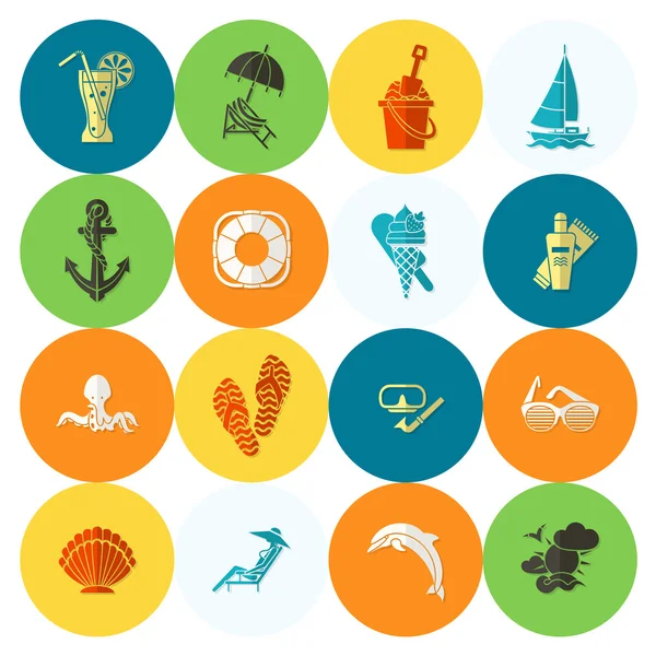 Verano y playa simples iconos planos — Vector de stock