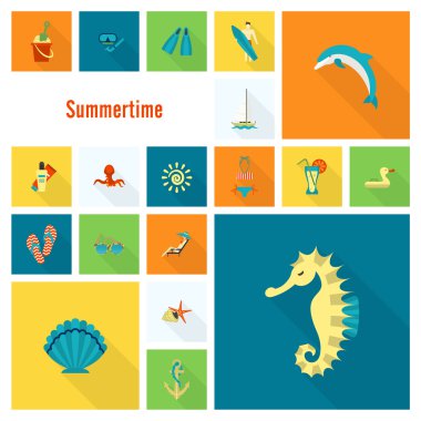 Yaz ve plaj basit düz simgeler