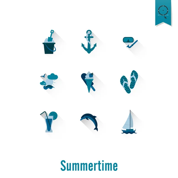 Verão e praia simples ícones planos — Vetor de Stock