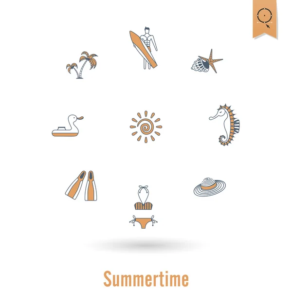 Verano y playa simples iconos planos — Vector de stock