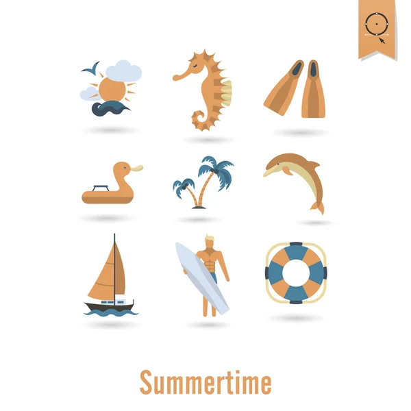 Zomer en strand eenvoudige plat pictogrammen — Stockvector