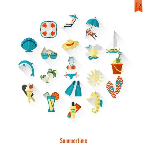 Verano y playa simples iconos planos — Vector de stock