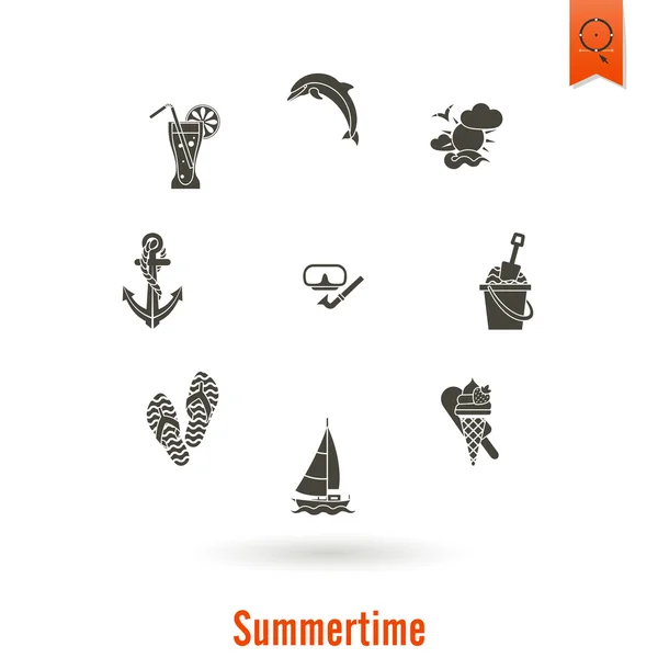 Verano y playa simples iconos planos — Vector de stock