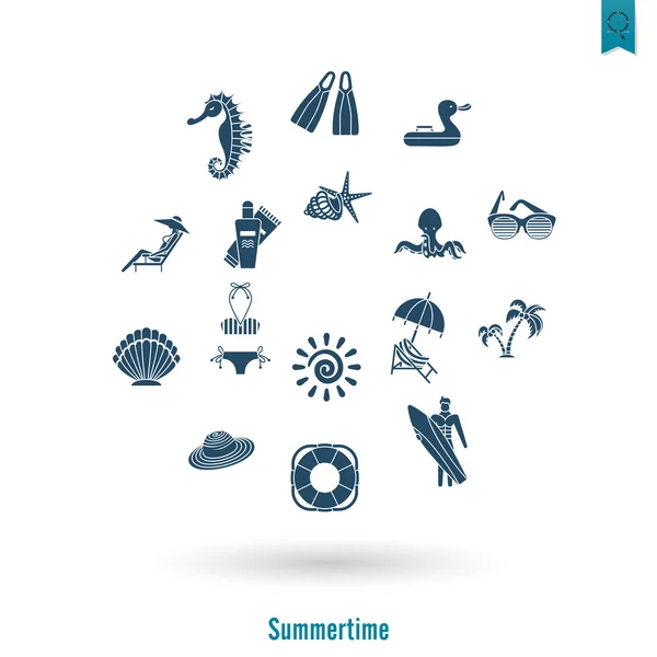 Verano y playa simples iconos planos — Vector de stock