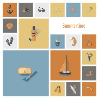 Yaz ve plaj basit düz simgeler