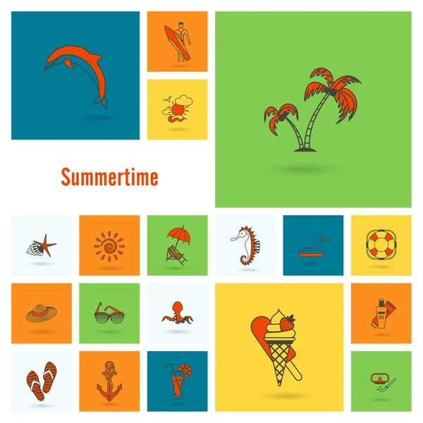 Zomer en strand eenvoudige plat pictogrammen — Stockvector