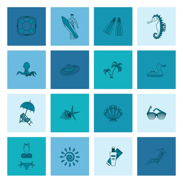 Verano y playa simples iconos planos — Vector de stock