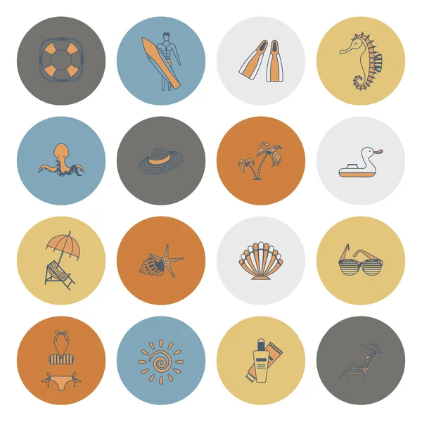 Verano y playa simples iconos planos — Vector de stock