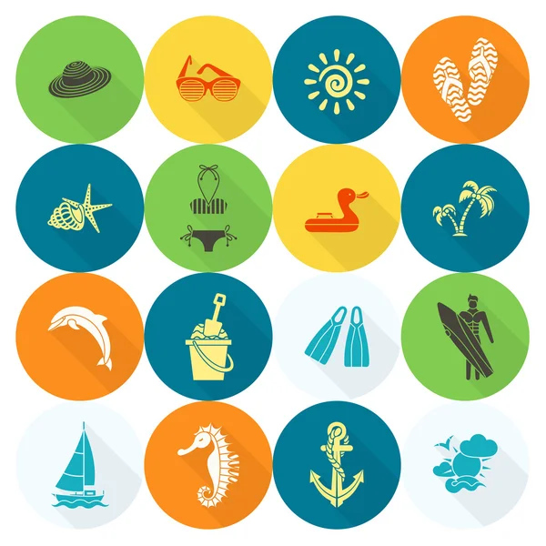 Verano y playa simples iconos planos — Vector de stock