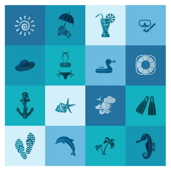 Verano y playa simples iconos planos — Vector de stock