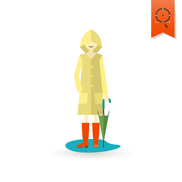 Donna con ombrello e impermeabile sulla pozzanghera — Vettoriale Stock
