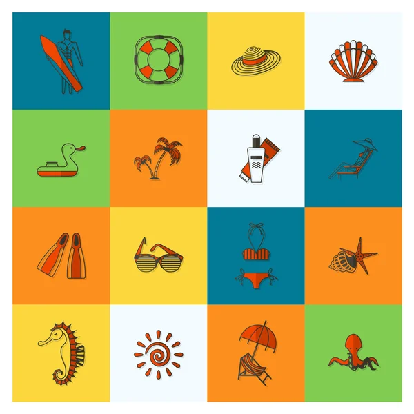 Verano y playa simples iconos planos — Vector de stock