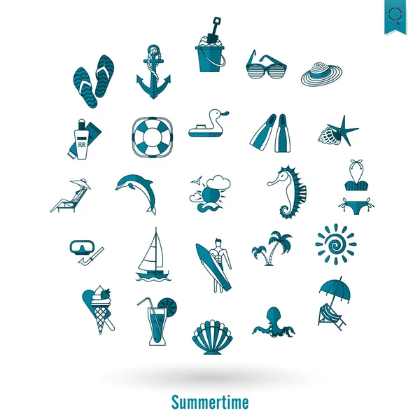 Zomer en strand eenvoudige plat pictogrammen — Stockvector