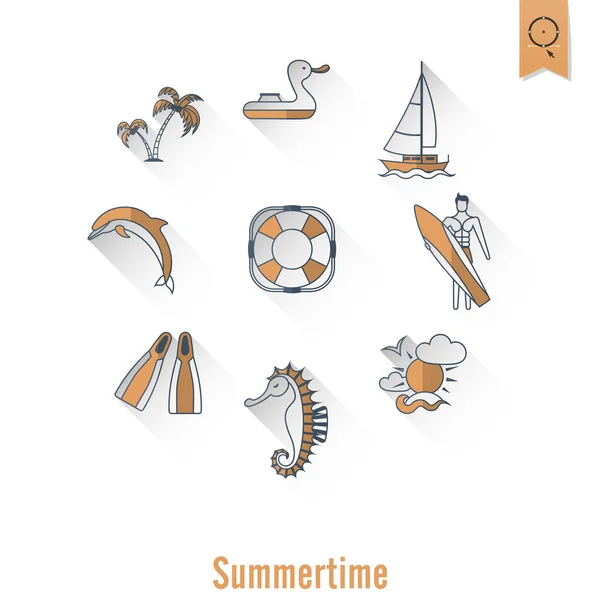 Zomer en strand eenvoudige plat pictogrammen — Stockvector