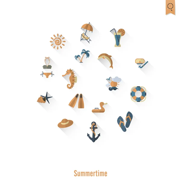 Verano y playa simples iconos planos — Vector de stock