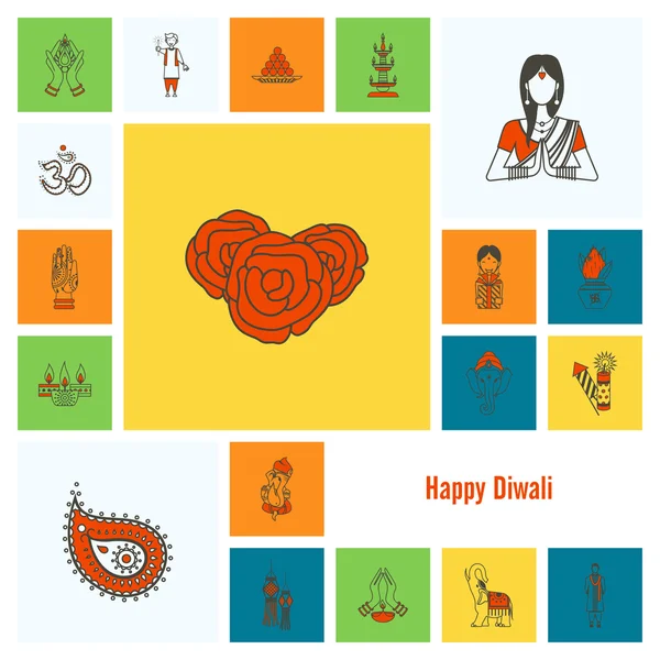 Diwali. Indian Festival Icons — Stock Vector