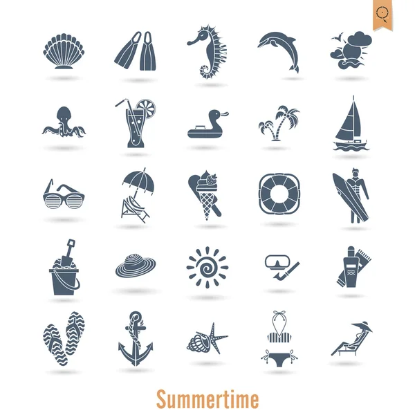 Verano y playa simples iconos planos — Vector de stock