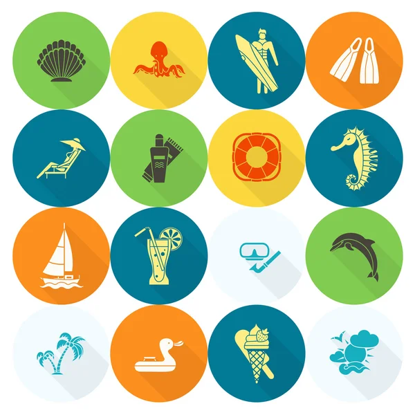 Verano y playa simples iconos planos — Vector de stock