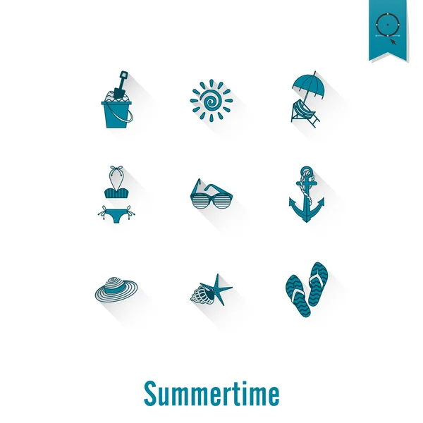 Verano y playa simples iconos planos — Vector de stock