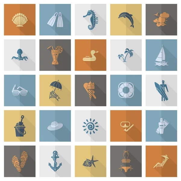 Verano y playa simples iconos planos — Vector de stock