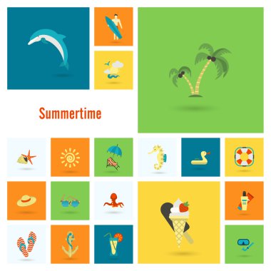 Yaz ve plaj basit düz simgeler