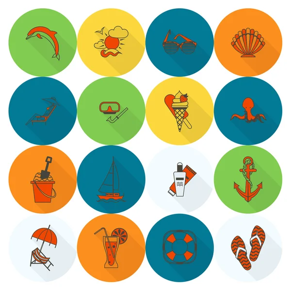 Verano y playa simples iconos planos — Vector de stock