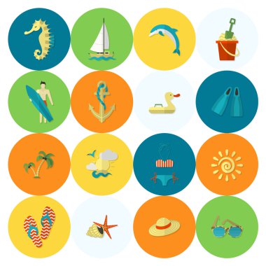 Yaz ve plaj basit düz simgeler