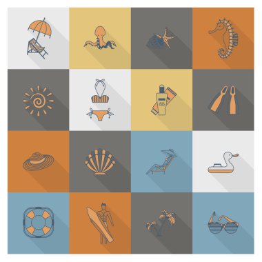 Yaz ve plaj basit düz simgeler