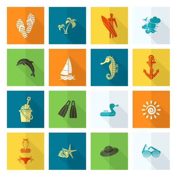 Verano y playa simples iconos planos — Vector de stock