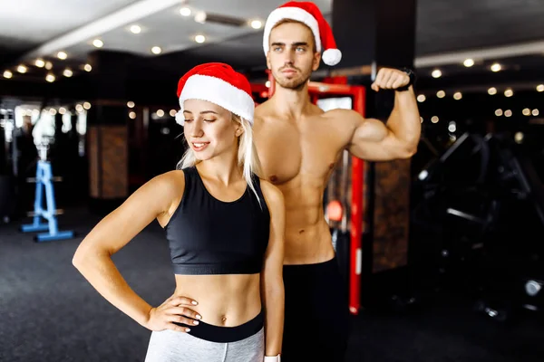 Jaki Sport Lubisz Najbardziej Couple Santa Claus Hat Sportwear Work — Zdjęcie stockowe