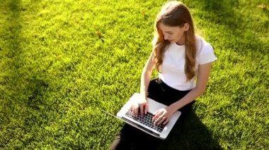 Yaz günü yeşil çimlerde oturan gözlüklü genç ve güzel bir iş kadını dizüstü bilgisayar ve iş konsepti kullanıyor.
