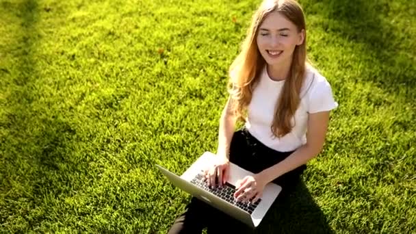 Piękna bizneswoman w okularach siedząca na zielonej trawie w parku w letni dzień, używa laptopa i pokazuje gest kciuka w górę — Wideo stockowe