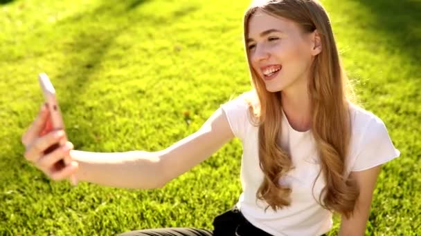 Happy young woman holding a phone, looking at the screen, waving her hand, talking on a video call at a distance online in a mobile application on a smartphone, sitting on the grass in the park — Stock Video