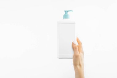 Hand sanitizer bottle, liquid antimicrobial gel, germ protection or antibacterial hygiene, on white background