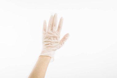 White nitrile gloves. Medic hands in latex gloves, on isolated white background