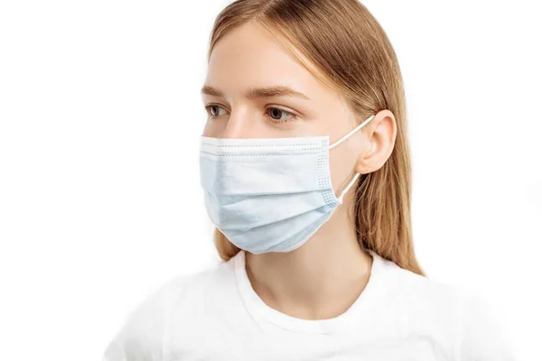 Close Young Woman Surgical Mask Her Face Prevent Infection Isolated — Fotografia de Stock
