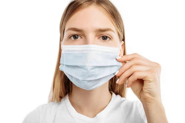 Young Woman Protective Mask Isolated White Background Influenza Allergies Virus — Fotografia de Stock
