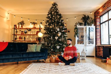 Handsome young man in a Christmas sweater, drinking coffee or tea, sitting at home near the Christmas tree, Christmas