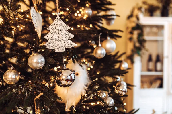Christmas Tree Decorated Shiny Balls Ornaments Merry Christmas Happy New — Stockfoto