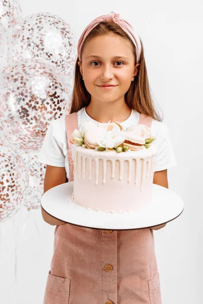 Portrait Cheerful Little Girl Pink Dress Cake Balloons Celebrating Birthday — Stock Photo, Image