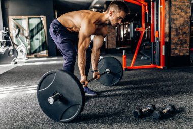 Genç kaslı bir adam spor salonunda halterle çalışıyor. Tişörtsüz atletik bir adam kol kaslarını çalıştırır ve halter egzersizi yapar.