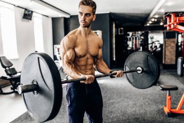 Genç kaslı bir adam spor salonunda halterle çalışıyor. Tişörtsüz atletik bir adam kol kaslarını çalıştırır ve halter egzersizi yapar.