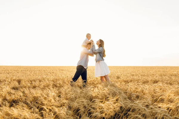 Happy Family Summer Walk Mother Father Child Walk Wheat Field — Stock Photo, Image