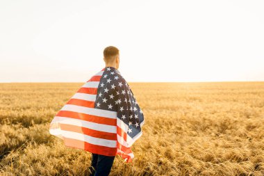Amerikan bayrağını tutan genç adam buğday tarlasında dikilirken mavi gökyüzü arka planında