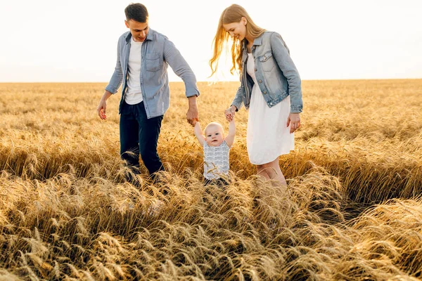 Happy family on a summer walk, mother, father and child walk in the wheat field and enjoy the beautiful nature, at sunset