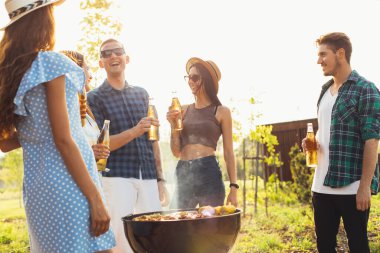 Bir grup mutlu genç arkadaş doğada barbekü partisi veriyor, arkadaşlar yazın dışarıda et pişiriyor, sohbet ediyor ve limonata içiyor.