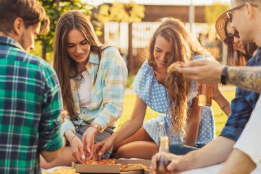 Bir grup arkadaş güneşli bir günde parkta piknik yapıyor, bira içiyor ve pizza yiyor güneşli bir yaz gününde çimlerin üzerinde oturuyor, insanlar takılıyor, rahatlarken eğleniyorlar.