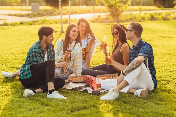 Group of friends having a picnic in the park on a sunny day, drinking beer drinks and eating pizza sitting on the grass on a sunny summer day, People hanging out, having fun while relaxing