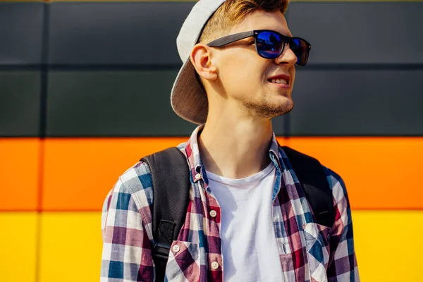Young Happy Smiling Guy Sunglasses Cap Looking Side Posing While — Stock Photo, Image